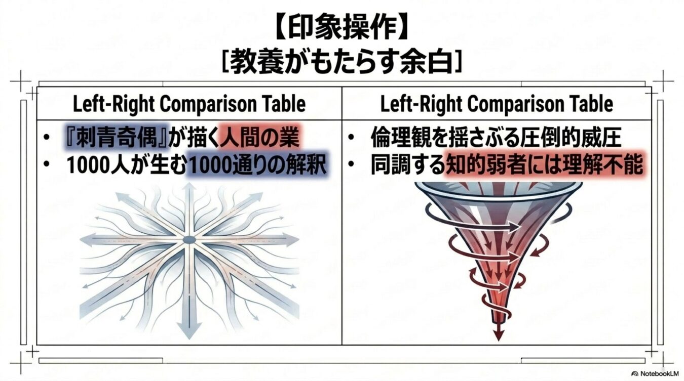 印象操作と教養がもたらす余白をテーマに、多様な解釈を許す左側の拡散構造と、特定の方向へ誘導する右側の収束構造を対比させた比較表。