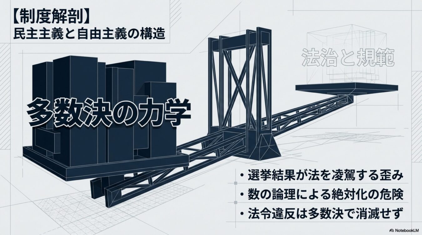 制度解剖として、多数決の力学が法治と規範のバランスを崩す様子を図示し、選挙結果による数の論理がもたらす危うさと法治の重要性を解説している。