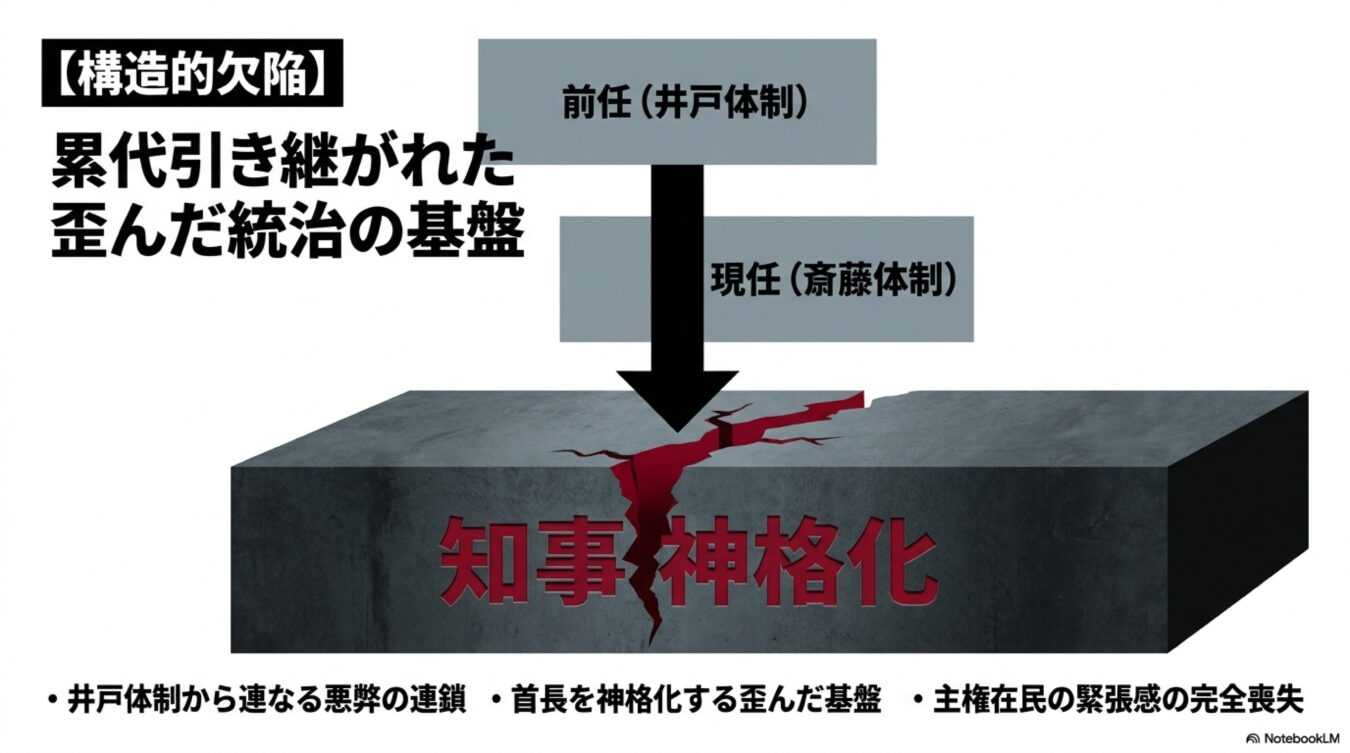 井戸体制から斎藤体制へと累代引き継がれた知事神格化という歪んだ統治の基盤と、それがもたらす構造的欠陥を示した図解。