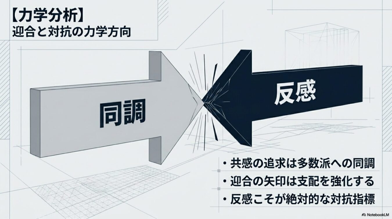 同調と反感の矢印が衝突する図解。共感の追求による多数派への同調と、支配に対抗する指標としての反感の力学関係を示している。