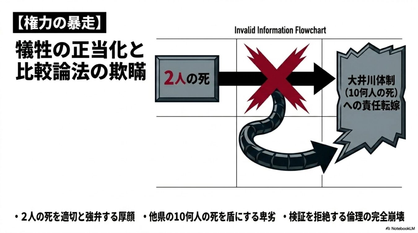 権力の暴走を批判する図解。2人の死を他県での10人の死と比較して正当化する論理の欺瞞と、検証を拒否する責任転嫁の姿勢を指摘している。