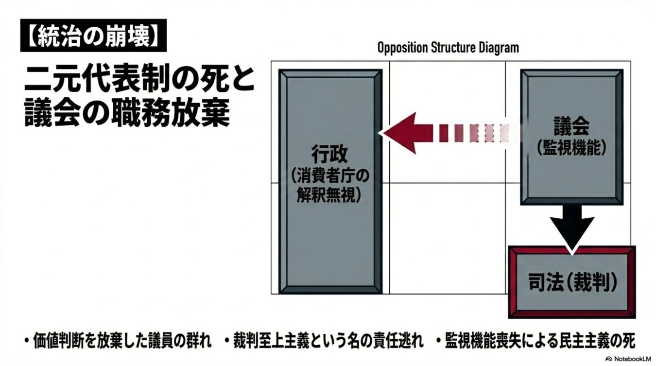 二元代表制の崩壊と議会の監視機能喪失を示す図。行政への追及を放棄し、裁判へ責任転嫁する議会の現状と民主主義の死を批判的に解説している。