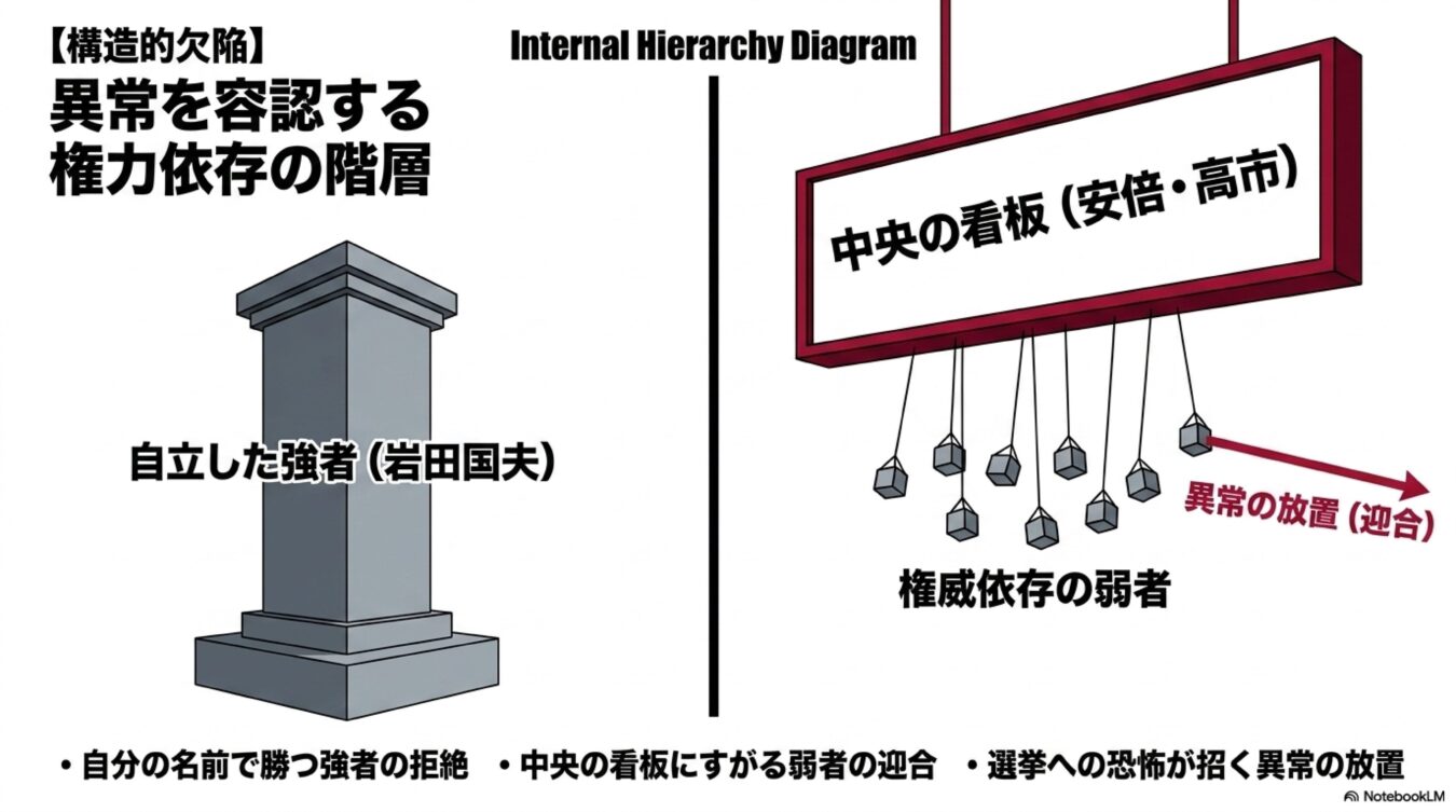 自立する強者と権威に依存する弱者の構図を示した図解。中央の看板にすがり異常を放置する権威依存の階層構造を解説している。