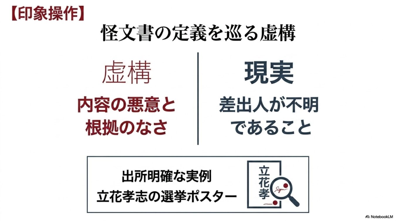 怪文書の定義における虚構と現実の対比図。内容の悪意という虚構に対し、現実は差出人不明であることを指摘し、立花孝志の選挙ポスターを例に挙げている。