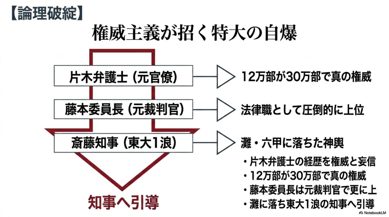 論理破綻 権威主義が招く特大の自爆という見出しの下、片木弁護士や藤本委員長の経歴と権威を強調し、最終的に斎藤知事へ論理を誘導しようとする主張の流れをフローチャートで示した図。