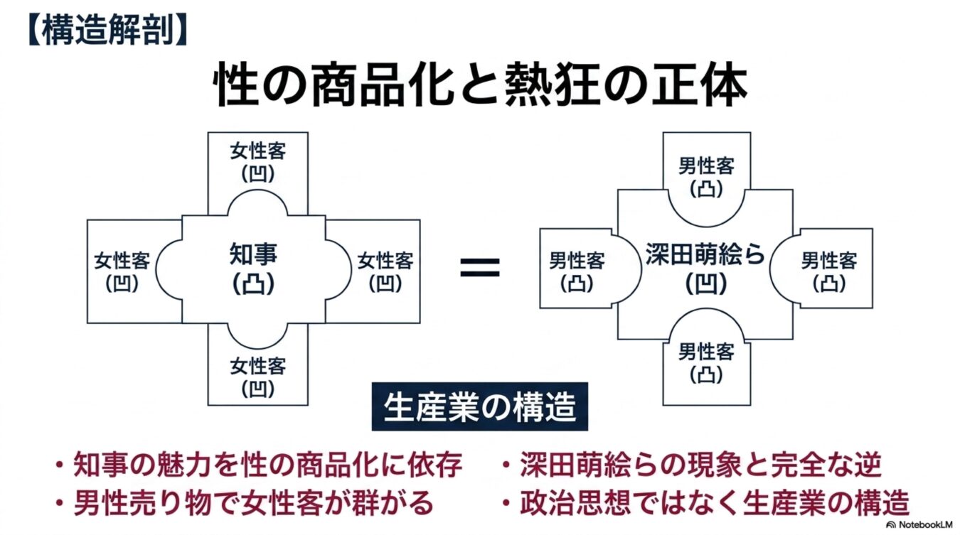 性の商品化と熱狂の正体と題し、知事と深田萌絵らを取り巻く支持層の凹凸関係を比較し、政治思想ではなく生産業の構造として図解した資料。