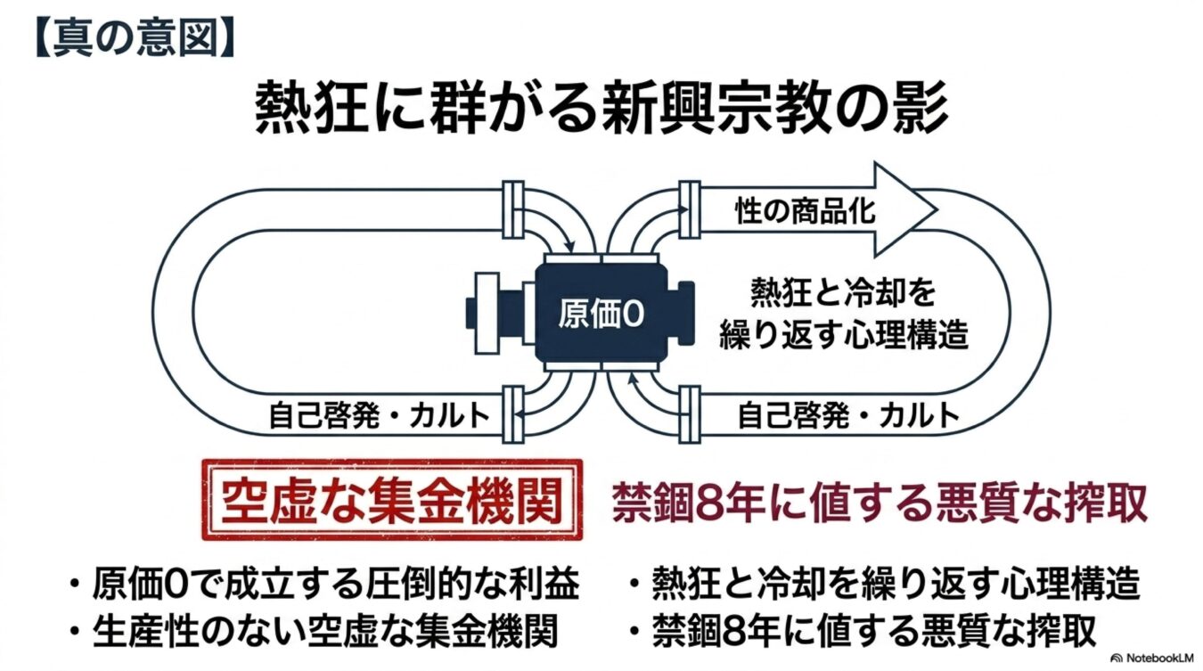 新興宗教が心理操作や性の商品化を通じて、原価ゼロで利益を上げる空虚な集金機関である仕組みを図解した図。