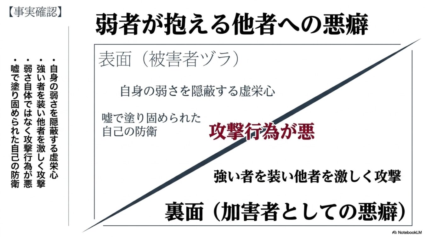 弱者が抱える他者への悪癖として、表面的な被害者面と、裏面で強い者を装い他者を攻撃する心理構造を対比させて解説した図解。