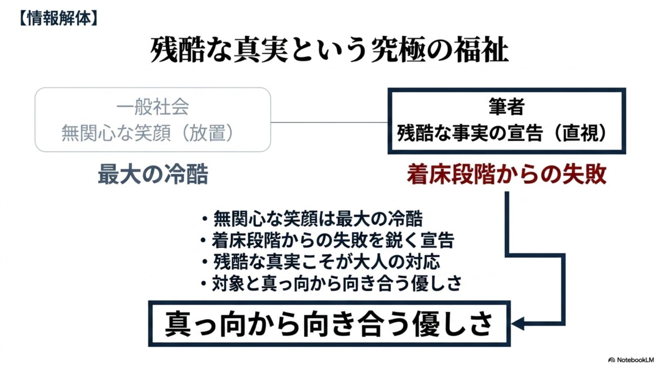 一般社会の無関心と筆者の残酷な事実の直視を対比させ、対象と向き合うことこそが究極の福祉であると説く概念図。