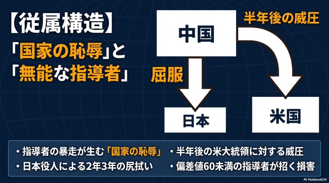 中国による日本への屈服強要と、半年後の米国への威圧という従属構造を示す図解。指導者の暴走が招く国家の恥辱や損害について解説している。