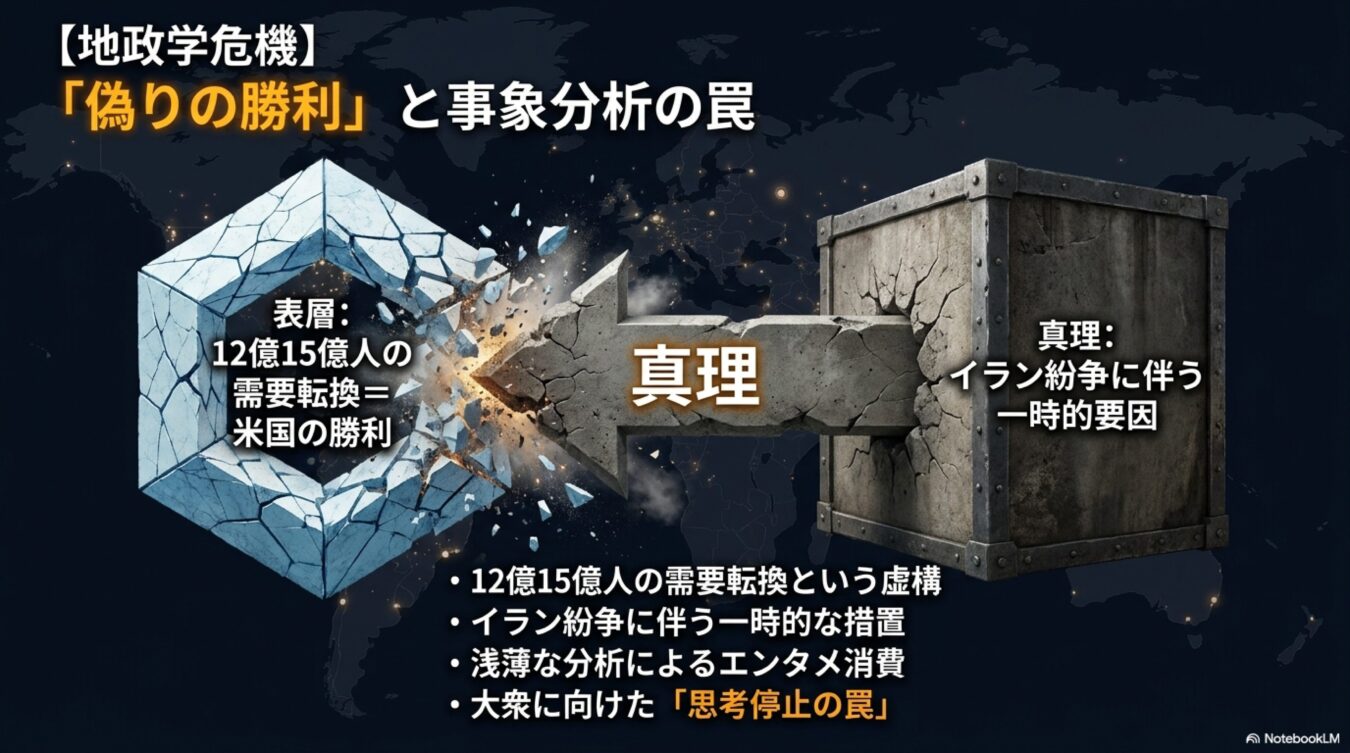 地政学危機における偽りの勝利と事象分析の罠を図解。表層的な米国勝利論に対し、イラン紛争に伴う一時的な要因という真理を突き、大衆が陥りやすい思考停止の構造を説明している。