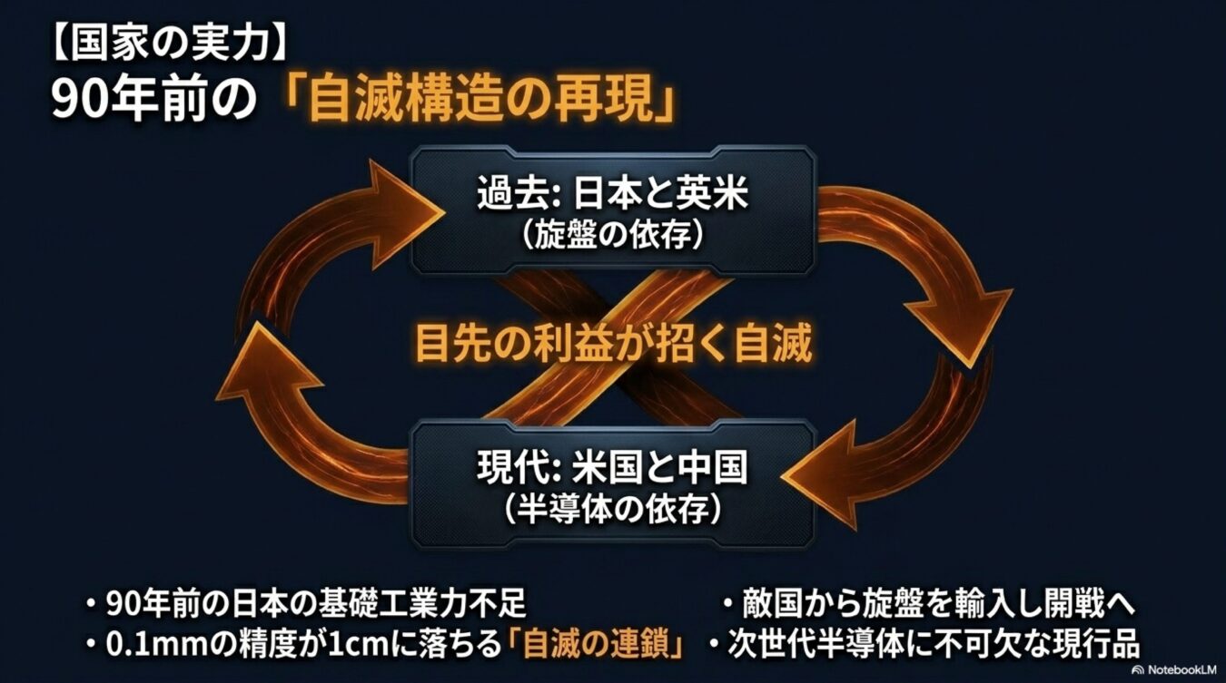 90年前の旋盤依存と現代の半導体依存を対比し、目先の利益を優先して自滅を招く構造的リスクを解説した図解。