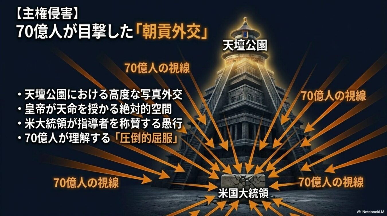 天壇公園を背景に、米大統領が屈服したかのように描かれた図。70億人の視線が集中する朝貢外交という批判的な言説を図解している。