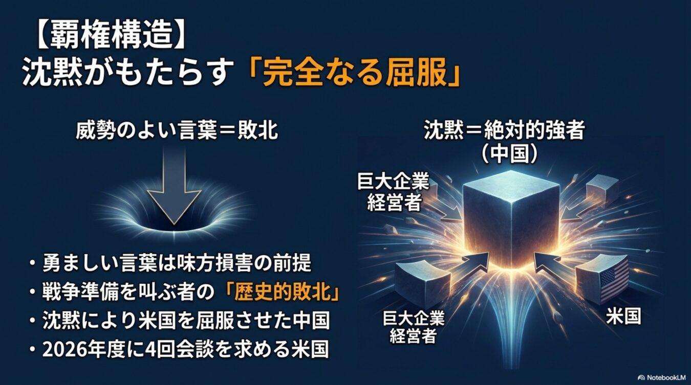 覇権構造を解説する図解。威勢のよい言葉を吐く側が敗北し、沈黙を保つ中国が巨大企業や米国を圧倒する現状と完全なる屈服のメカニズム。