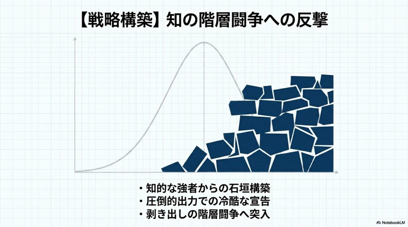 正規分布曲線と積み上げられた石垣を対比させ、知の階層闘争における戦略構築と反撃の姿勢を表現した図解。