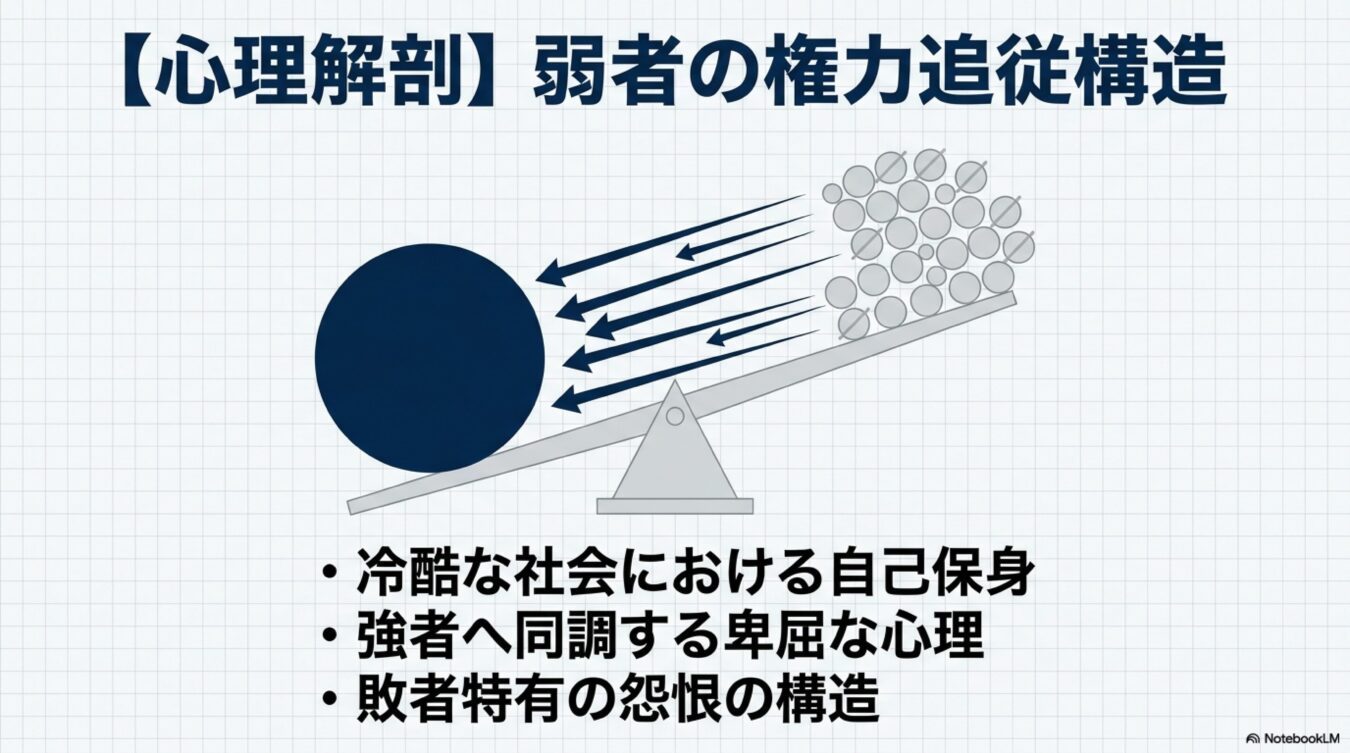 心理解剖における弱者の権力追従構造を図示したもの。巨大な球体と多数の小球がシーソーの天秤に乗り、強者への同調と自己保身、敗者の怨恨という心理的メカニズムを表現している。