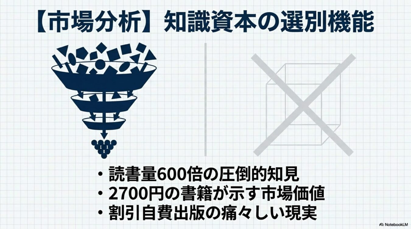 市場分析における知識資本の選別機能を示した図。多様な情報が漏斗を通じて精査される過程と、読書量や書籍の市場価値、自費出版の現実に関する考察を提示している。