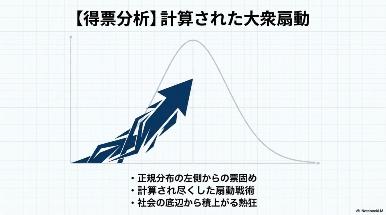 正規分布のグラフ上で、左側から右肩上がりに伸びる矢印を用いて、計算された扇動戦術により社会の底辺から熱狂が積み上がる様子を表した図。