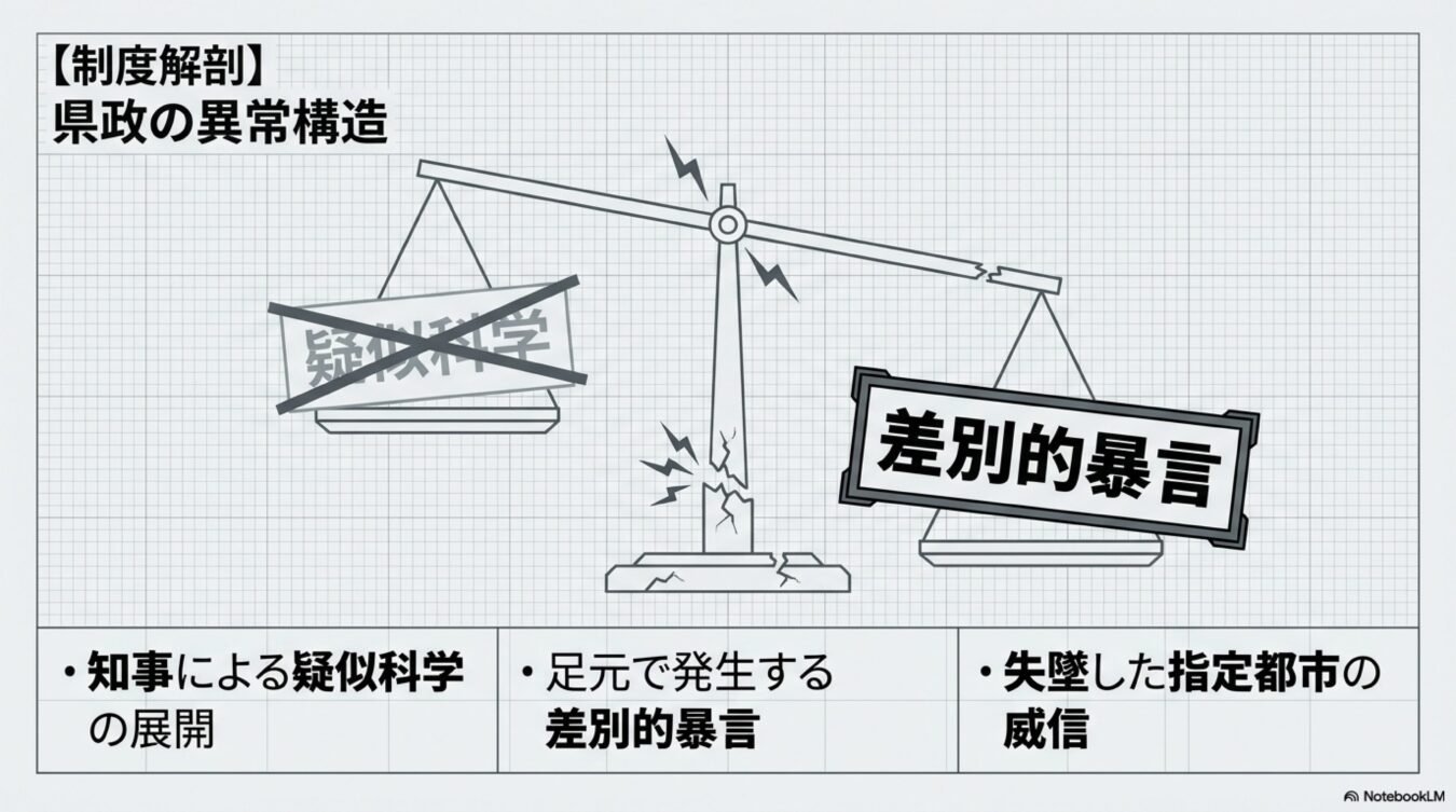 県政の異常構造を解説する図。天秤が壊れ、疑似科学と差別的暴言が対立する状況と、知事の言動や指定都市の威信失墜などの要因を列挙している。