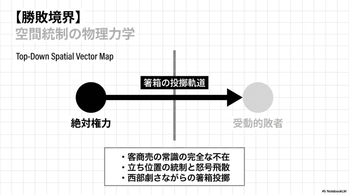 勝敗境界：空間統制の物理力学と題し、絶対権力から受動的敗者へ向かう箸箱の投擲軌道と、客商売における統制や怒号飛散の状況を概念図化したもの。