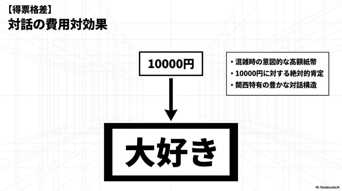 得票格差と対話の費用対効果に関する図。10000円から大好きへと矢印が向かい、混雑時の高額紙幣利用や肯定的な対話構造について解説している。