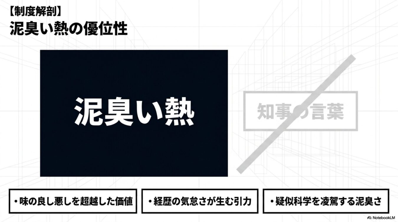 【制度解剖】泥臭い熱の優位性を示す図解。知事の言葉を否定し、味や経歴を超越した泥臭い熱意が持つ独自の価値と引力を提示している。