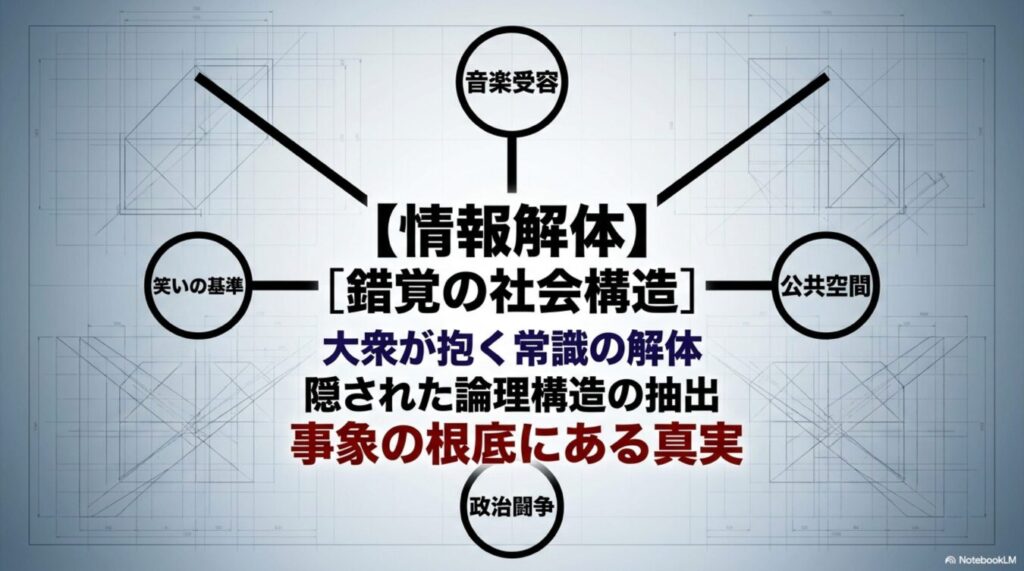【情報解体】を主題とし、笑いの基準、音楽受容、公共空間、政治闘争という四つの視点から錯覚の社会構造を分析する概念図。