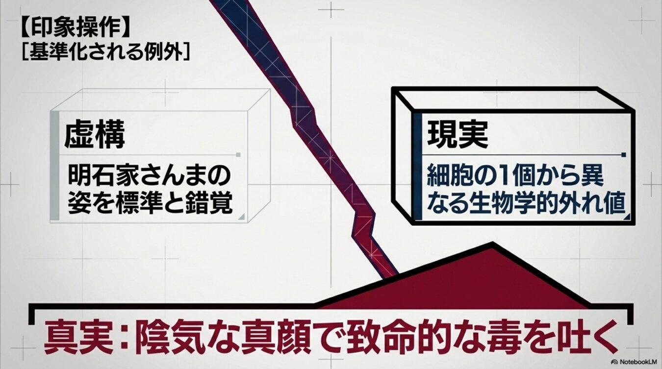 印象操作として、虚構（明石家さんまの姿を標準と錯覚）と現実（細胞レベルの生物学的外れ値）を対比し、真実を指摘する図解。