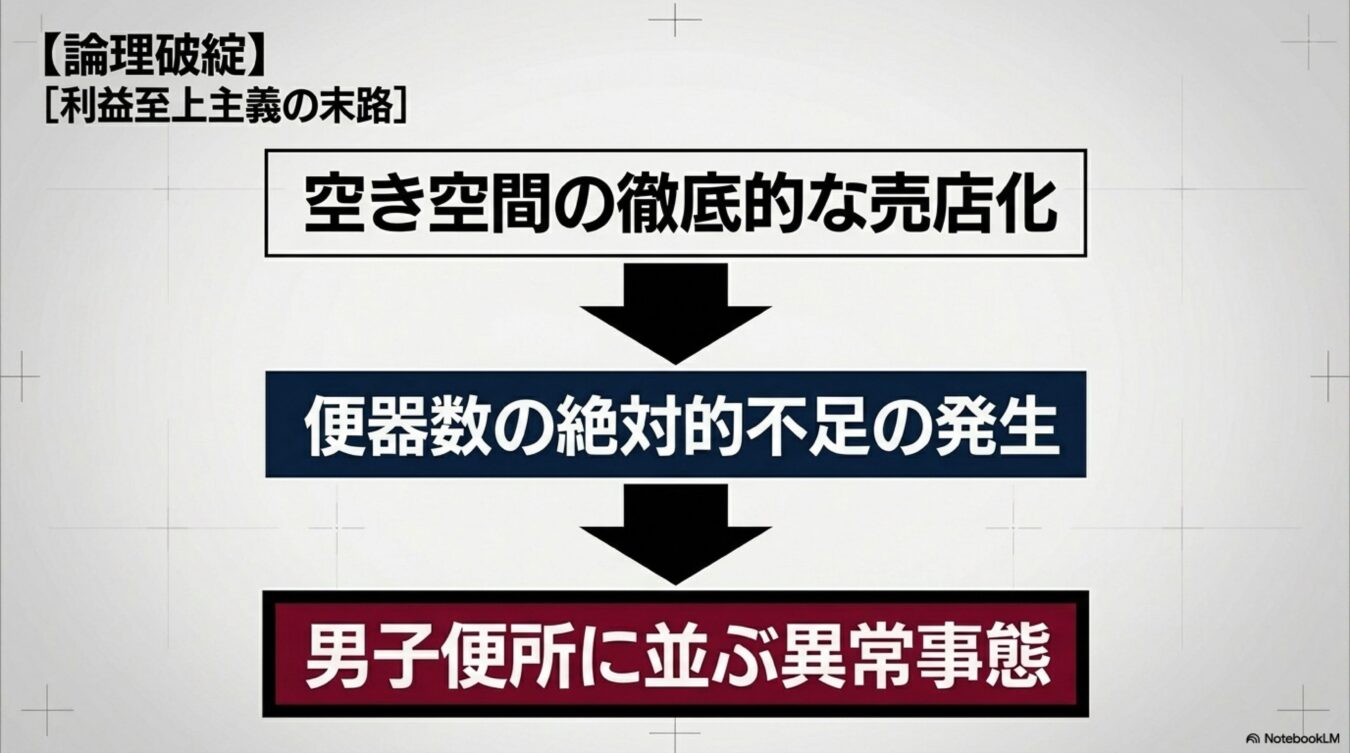 利益至上主義による空き空間の売店化が、便器数の不足を招き、男子便所に長蛇の列ができるという悪循環を示す論理構成図。