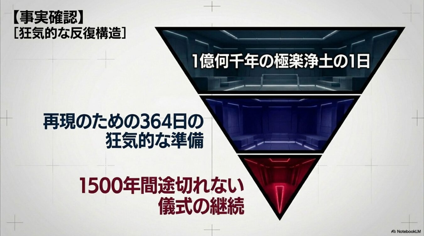 逆三角形の図を用いて、1億何千年の極楽浄土の1日、364日の準備、1500年間の儀式の継続という狂気的な反復構造を解説した図解。