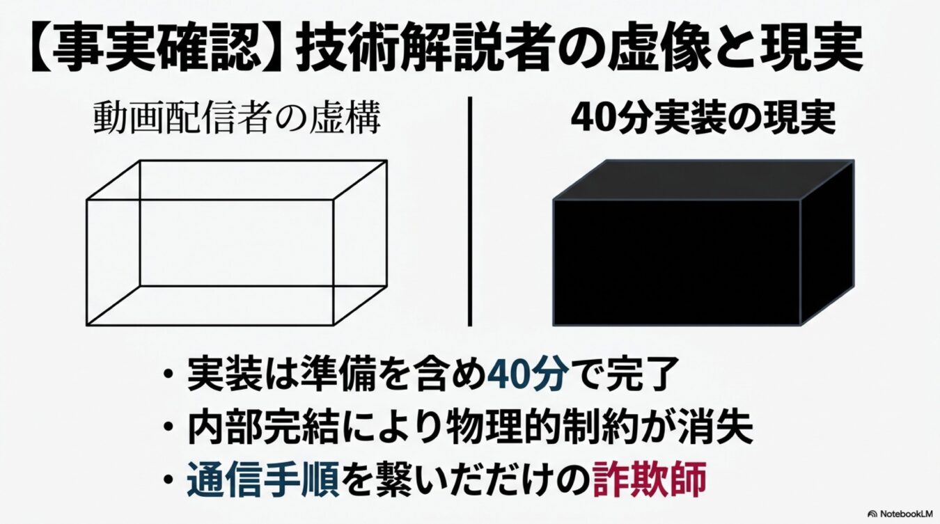 技術解説者が提示する動画配信者の虚構と、実際にかかる40分実装の現実を対比させ、通信手順をつなぐだけの現状を批判する図解。