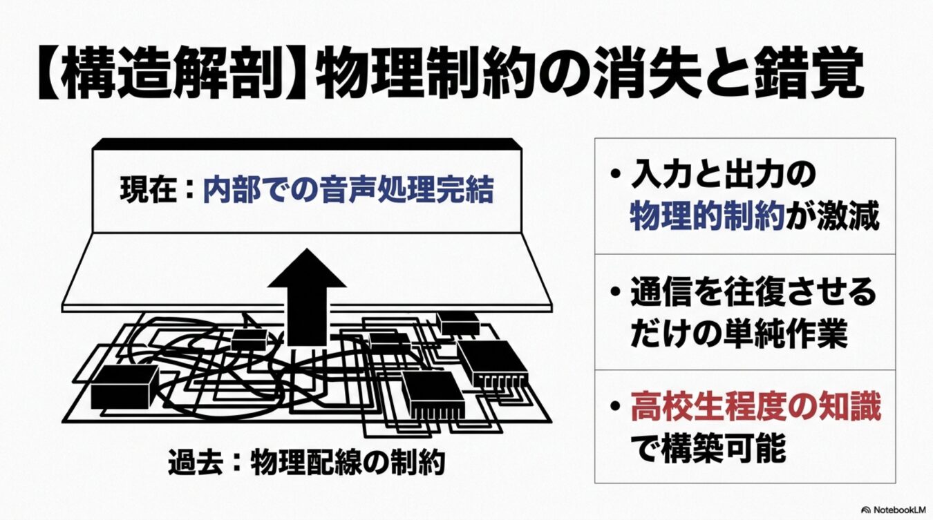 構造解剖図。過去の物理配線の制約から、現在の音声処理完結へと進化したことで、物理的制約の減少と構築の単純化が実現したことを解説する図解。