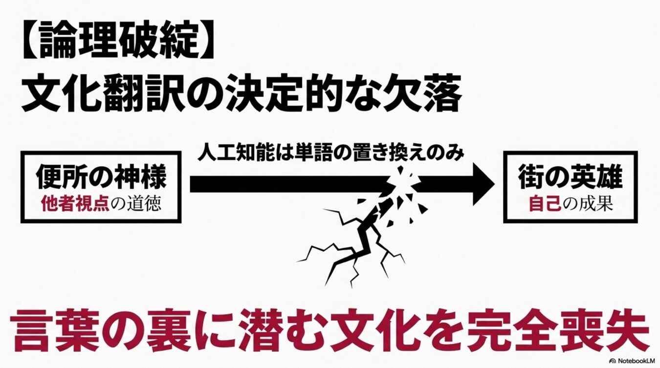 人工知能が単語の置き換えのみを行うことで、文化的な文脈を理解できず翻訳が論理破綻を起こす様子を示す図解。