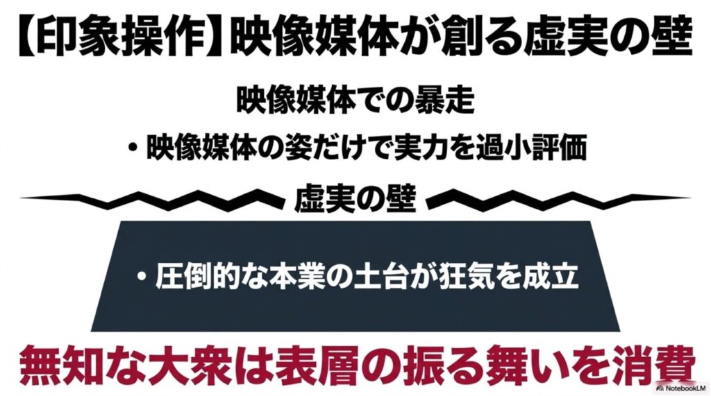 映像媒体による印象操作と虚実の壁を解説する図解。表面的な振る舞いに流される大衆と、実態との乖離を論じている。