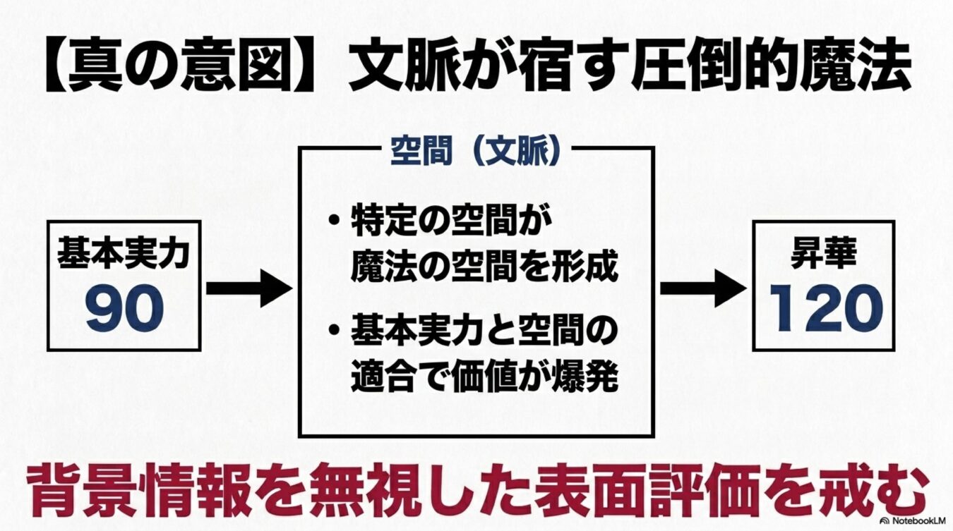 基本実力が空間（文脈）と適合することで価値が昇華する仕組みと、背景情報を無視した表面的な評価を戒める考え方を示した図解。