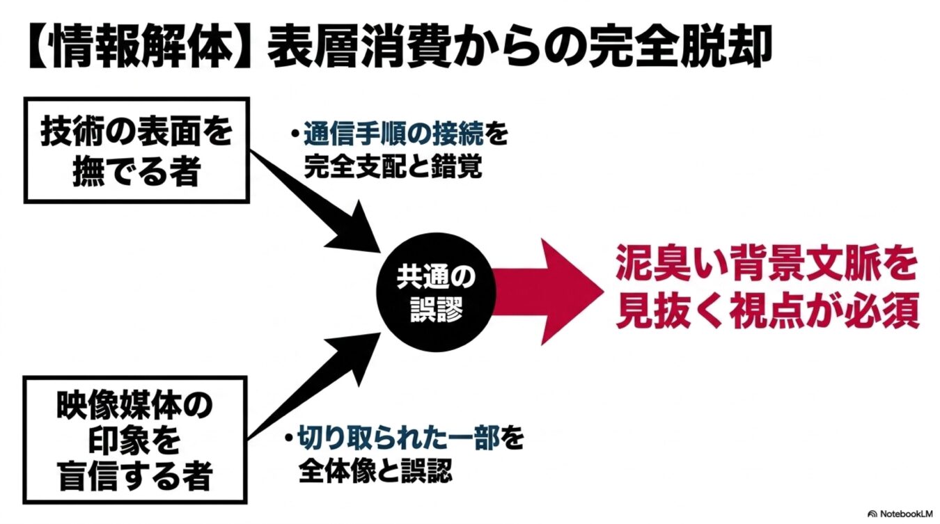 表層的な情報消費から脱却し、通信技術や映像の背後にある文脈や全体像を深く見抜く視点の重要性を説く図解。