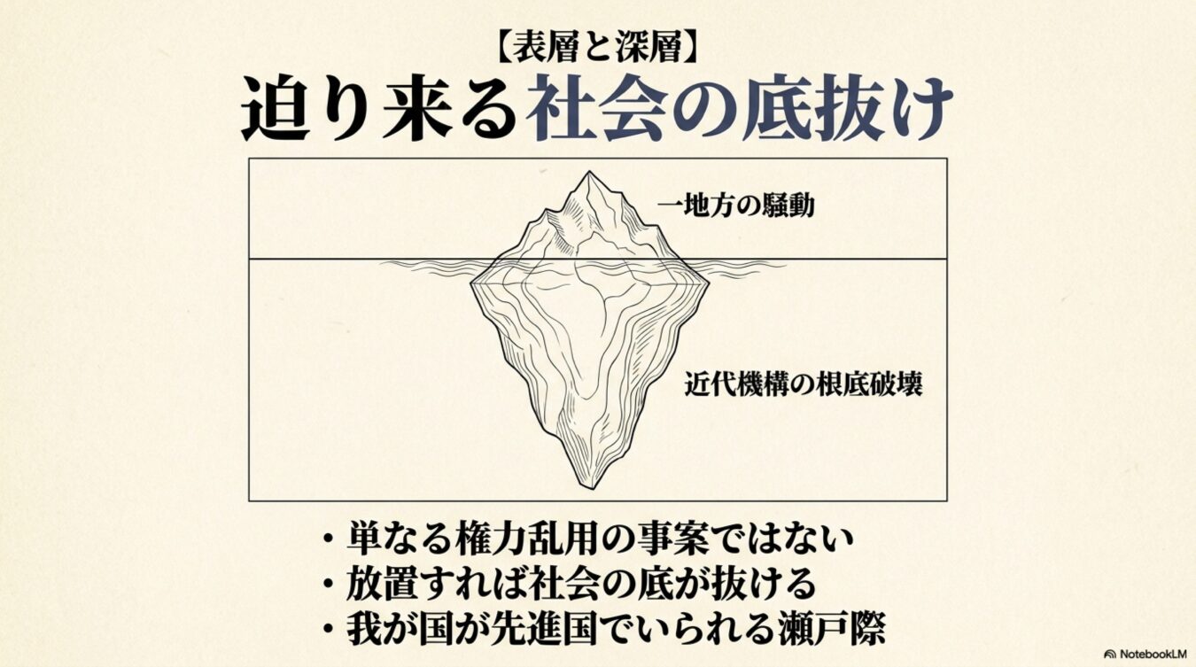 氷山を用いて社会問題を可視化した図。表層の一地方の騒動と深層の近代機構の根底破壊を対比させ、放置できない社会の危機的状況を説明している。