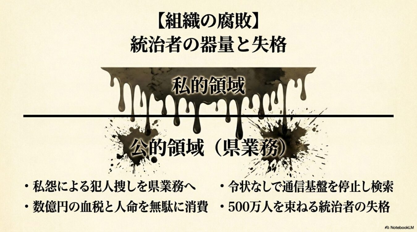 組織の腐敗と統治者の失格をテーマに、私的領域の黒い汚れが公的領域に侵食し、税金の無駄遣いや公権力の私的乱用が生じている現状を告発する図解。
