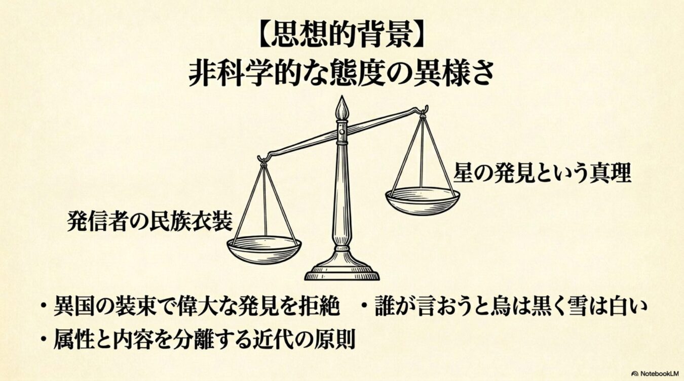 天秤を用いた図解。発信者の民族衣装と星の発見という真理を対比させ、属性と内容を分離すべきとする近代の原則を説いている。