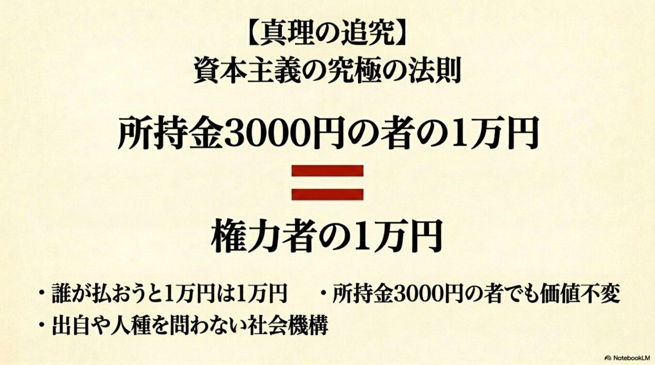 資本主義の究極の法則として、所持金に関わらず1万円の価値は不変であり、誰にとっても平等であるという社会の仕組みを示した図解。