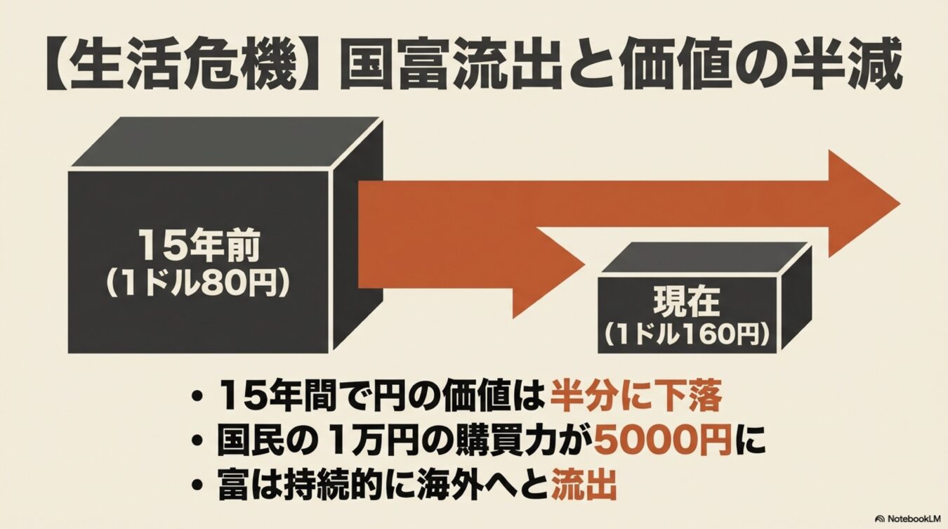 1ドル80円から160円への円安による価値の半減と、国富が海外へ流出している現状を示すインフォグラフィック。