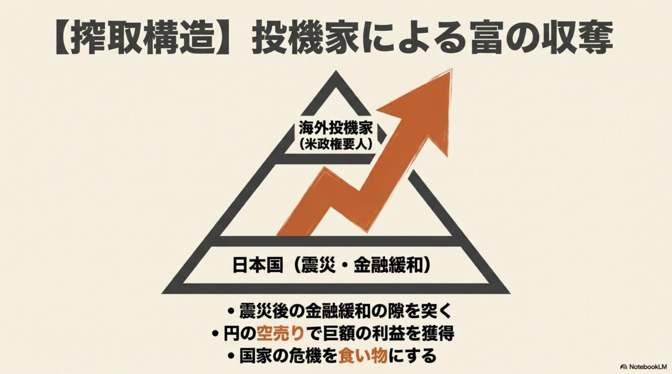 海外投機家が震災や金融緩和下の日本から利益を吸い上げる搾取構造の図解。円の空売りで巨額の利益を得る仕組みを示している。