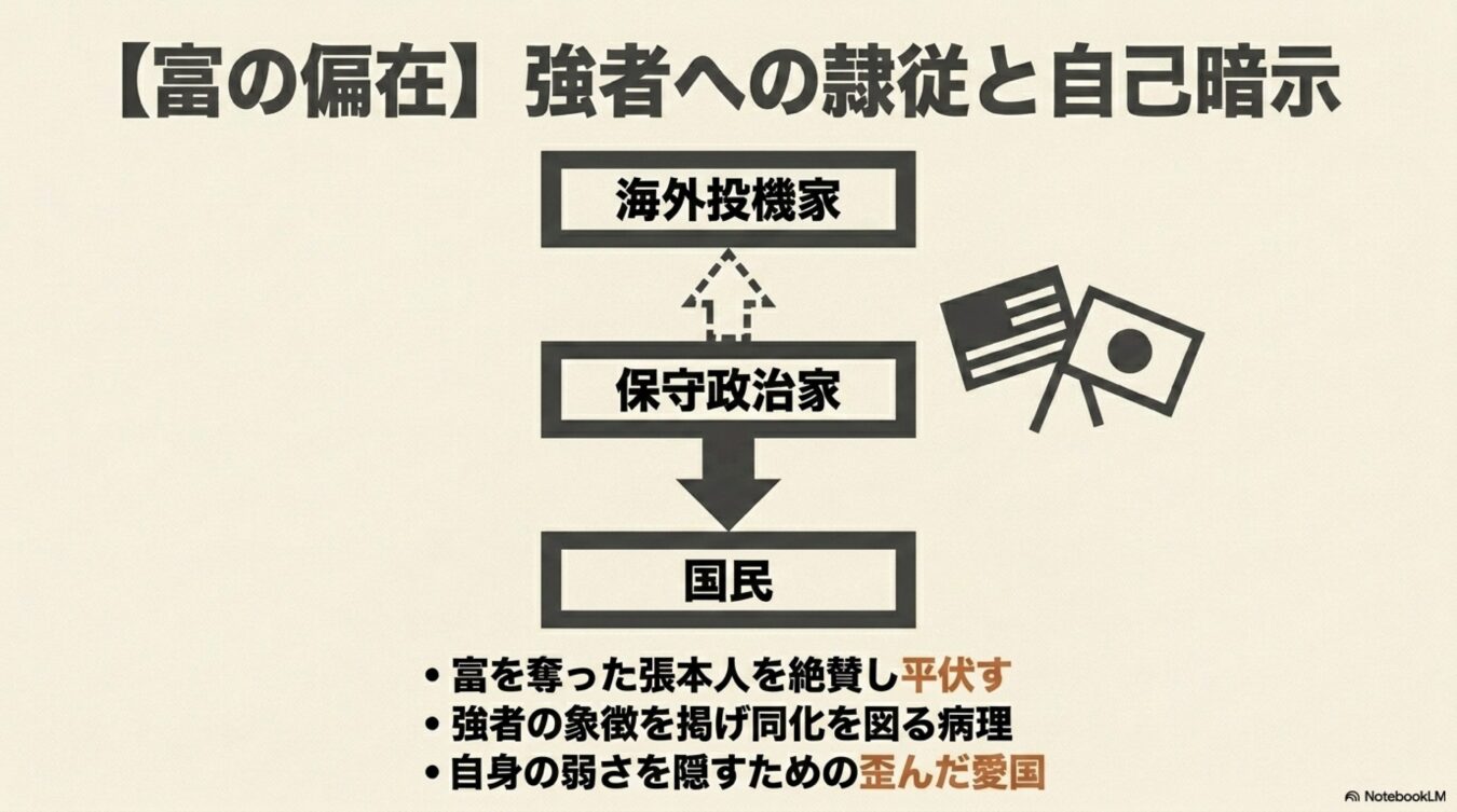 富の偏在と強者への隷属構造を示す図。海外投機家、保守政治家、国民の上下関係と、自己暗示による歪んだ愛国心という病理を解説している。