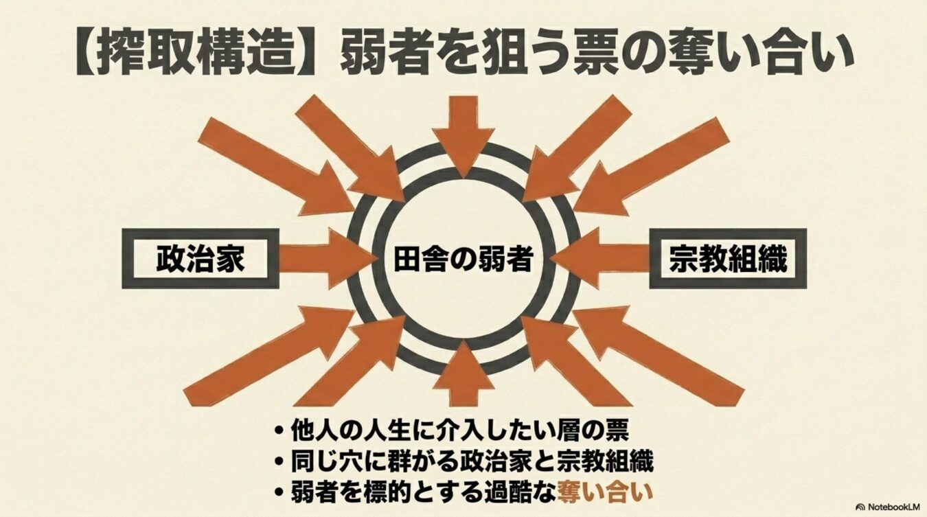 政治家と宗教組織が田舎の弱者を標的として票を奪い合う、搾取構造を示した図解。弱者を囲い込む対立構造と背景にある社会問題を解説している。