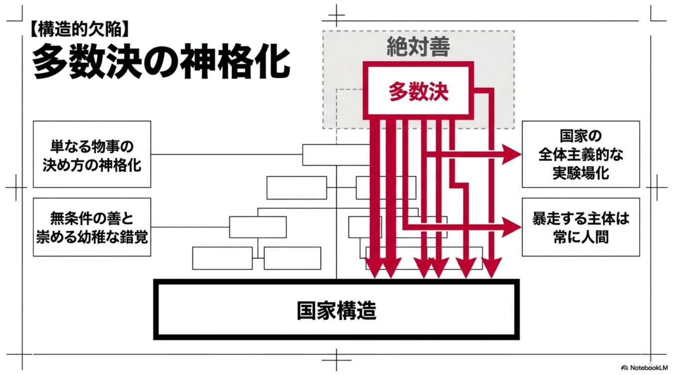 多数決を絶対善とみなす神格化が、国家構造を全体主義的な実験場へと変質させ、暴走を招くという構造的欠陥を示す概念図。