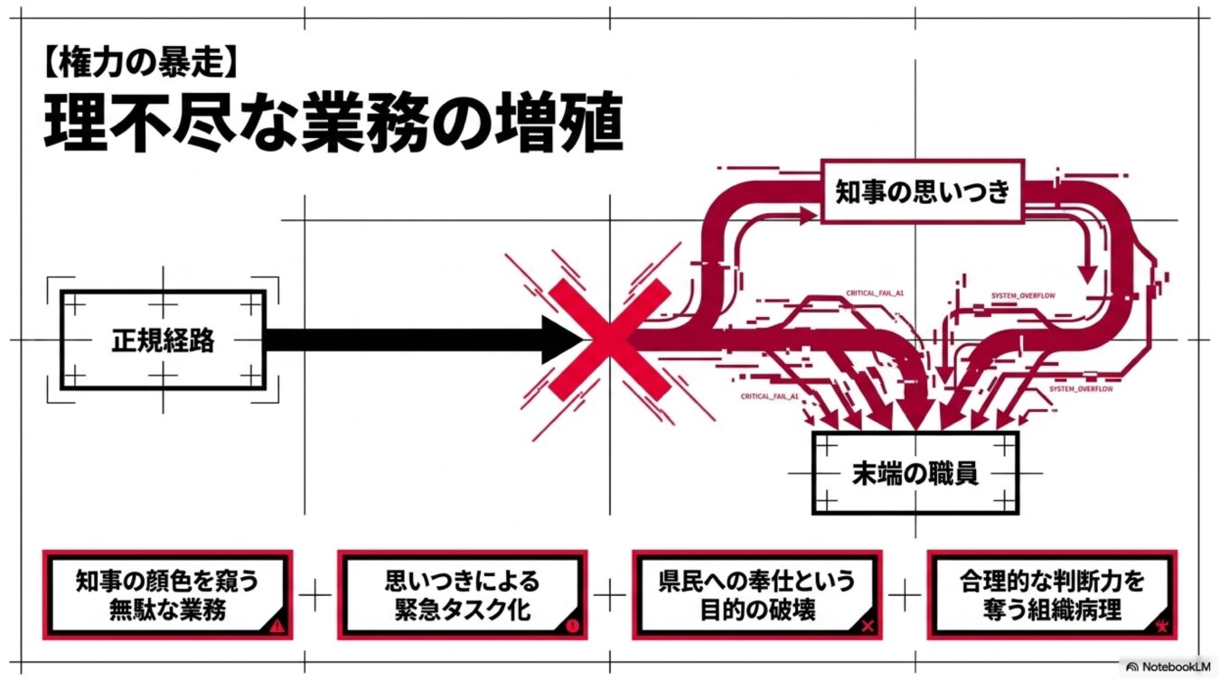 権力の暴走による理不尽な業務の増殖を示す図。正規の業務経路が知事の思いつきで遮断され、末端の職員に無駄なタスクが集中する組織病理の構造を可視化している。