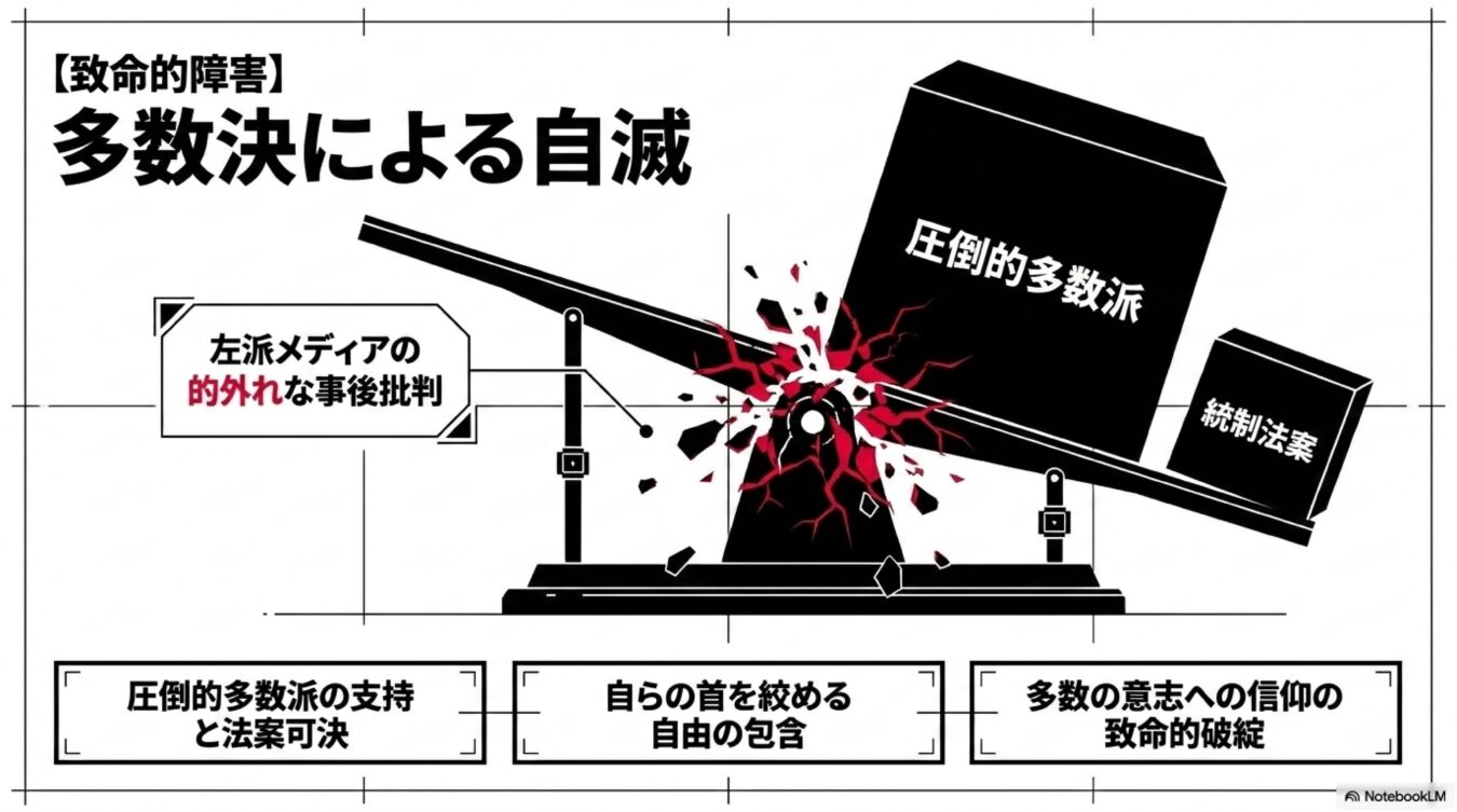 圧倒的多数派による統制法案の可決が、多数の意志への信仰を破壊し、自滅を招く構造を表現した図解。左派メディアの的外れな事後批判が添えられている。