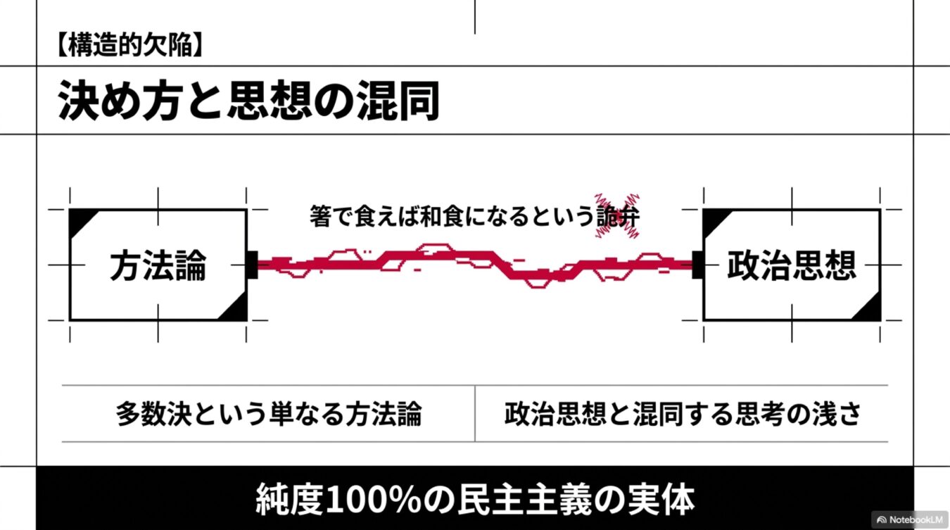 構造的欠陥として、多数決という方法論を政治思想と混同する誤りを指摘し、箸で食えば和食になるという詭弁を例示する図解。