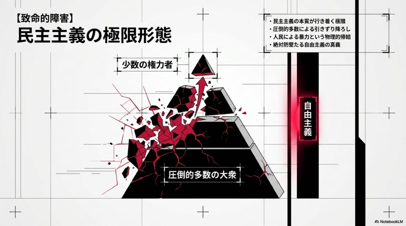 圧倒的多数の大衆が少数の権力者を倒す様子を描いた図解。民主主義の極限形態と、それを防ぐ自由主義の重要性を解説している。