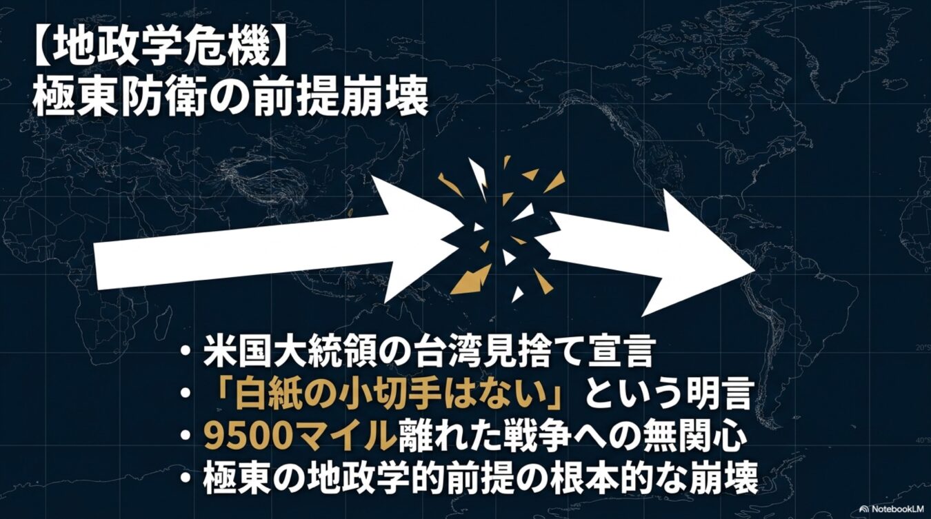 極東防衛の前提崩壊と題し、米国大統領の台湾見捨て宣言や9500マイル離れた戦争への無関心という地政学的な危機的状況を解説する図。